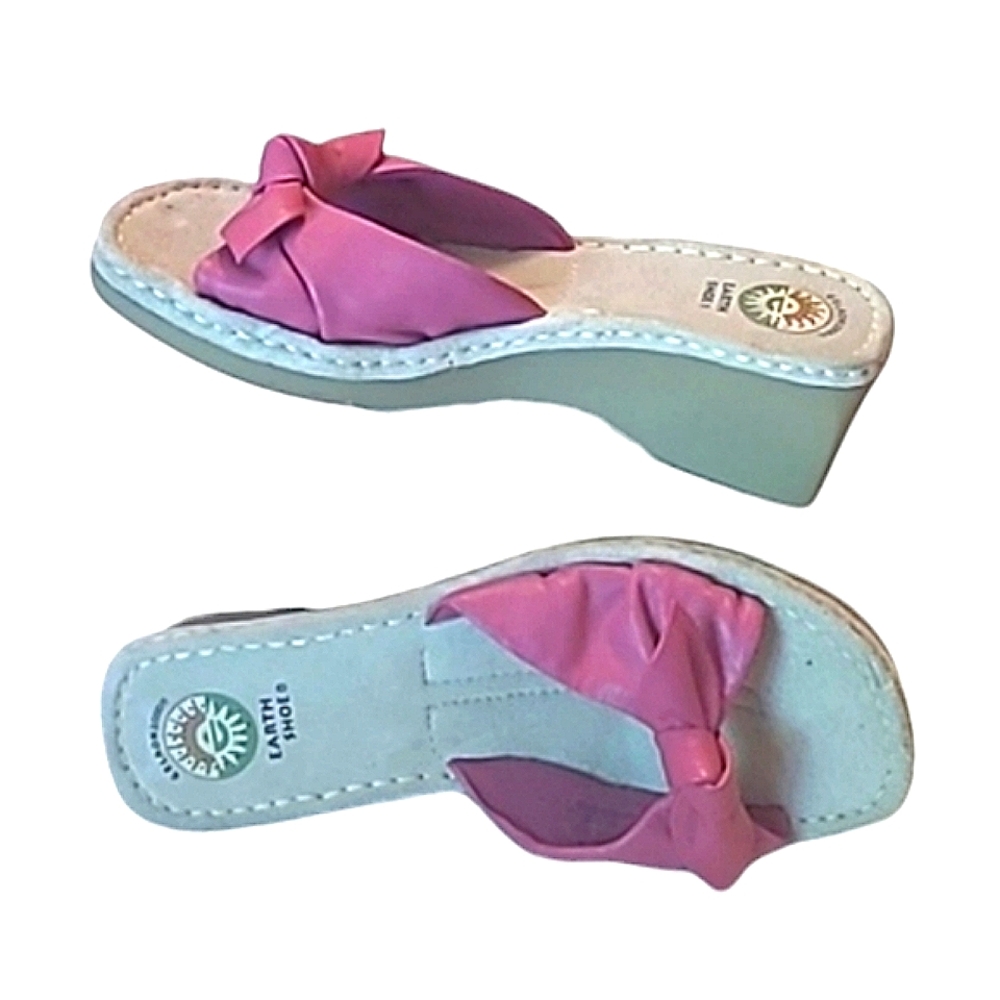 Earth Shoe Gelron2000 Wedge Sandal Slip On Pink Bow Leather Open Toe Slide Sz 10